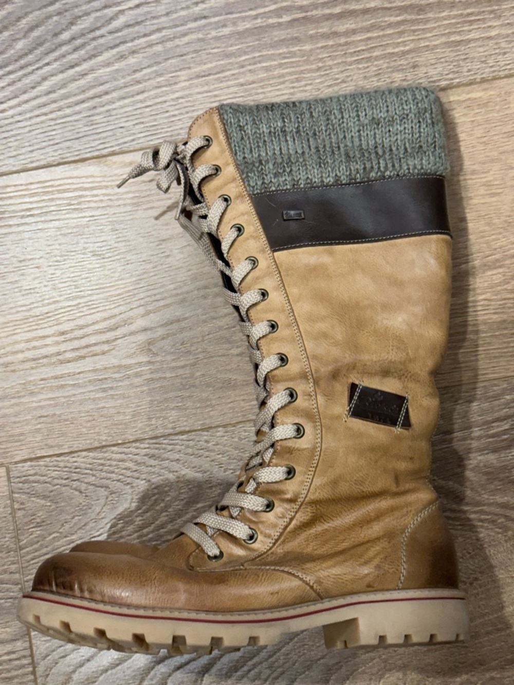 Rieker Tan Leather Lace-Up with grey Knit Cuff - Picture 2 of 7